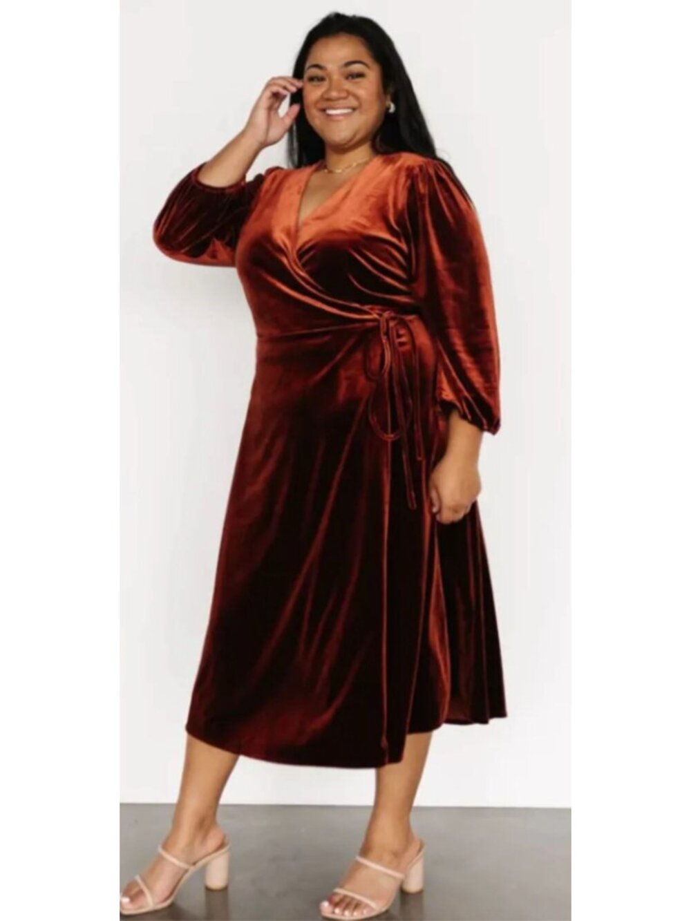 Baltic Born Beckinsale Midi Velvet Wrap Dress Cinnamon Rust Orange Medium Party - Picture 8 of 16
